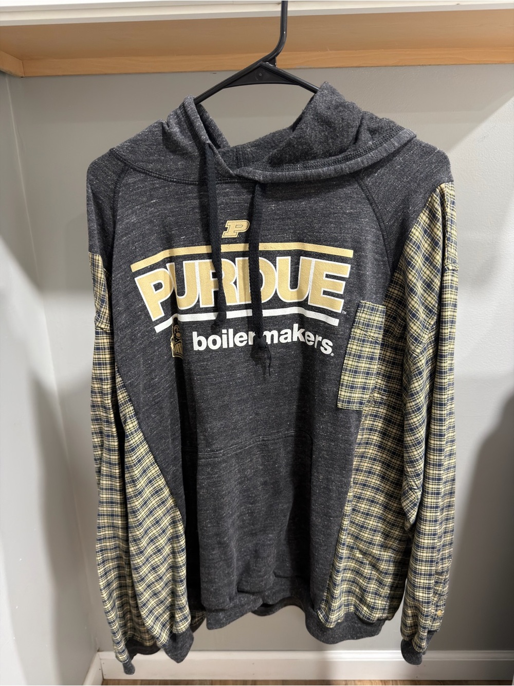 Purdue Boilermakers Charcoal Hoodie with Plaid Sleeves